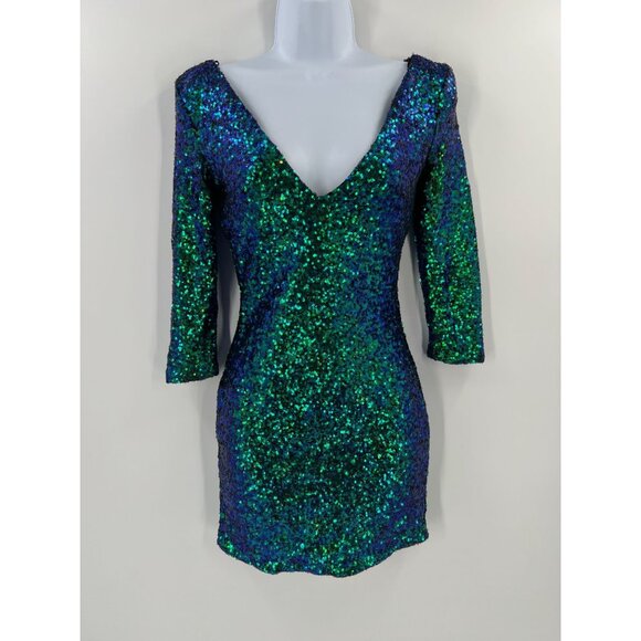 AGACI Women Size Small Green & Blue Mermaid Sequin Dress V-Neck Long Sleeve - Picture 1 of 11
